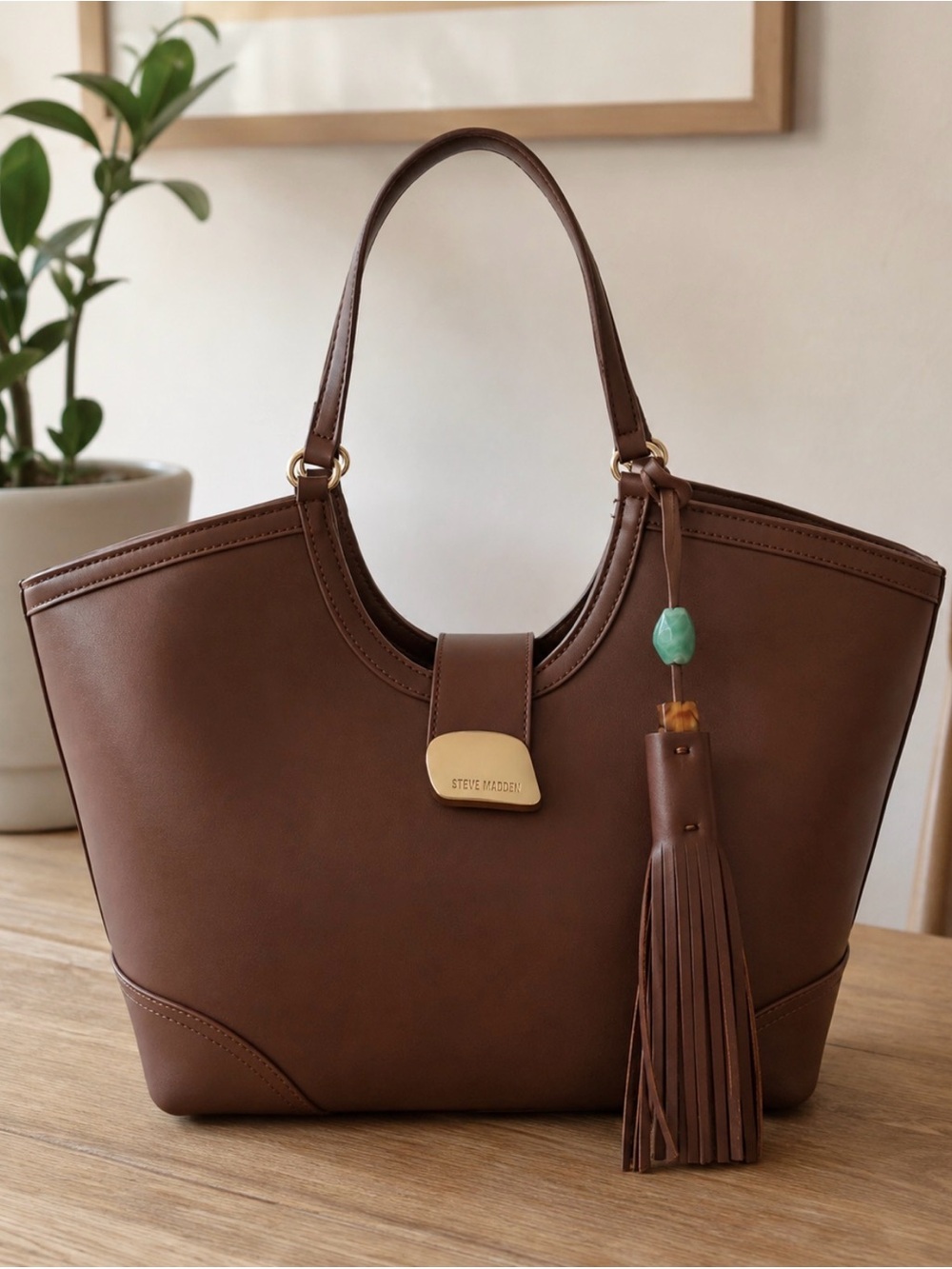 Steve Madden Chocolate Brown Tote with Tassel Charm